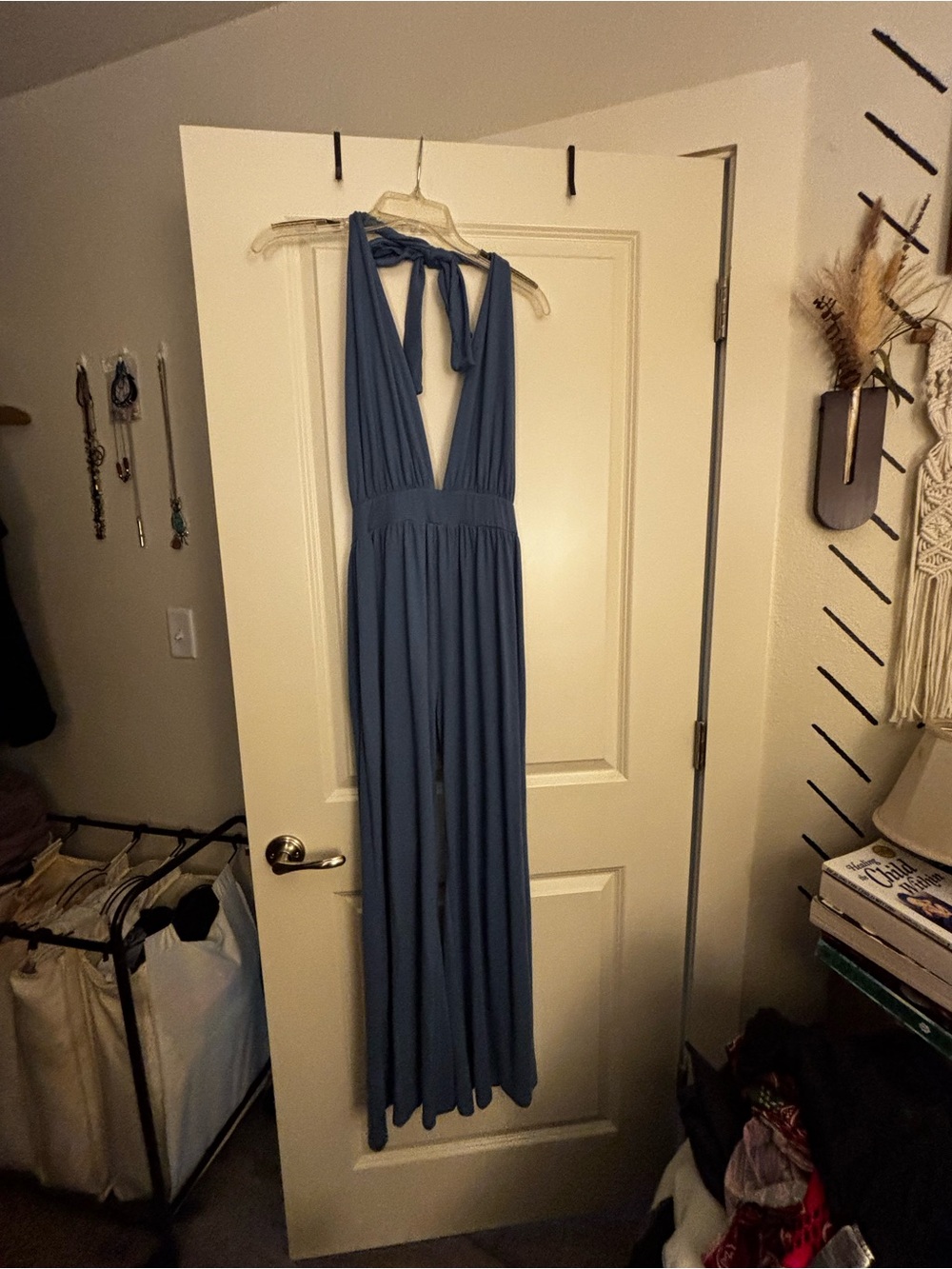 Plunging Halter jumpsuit in Dusty Blue